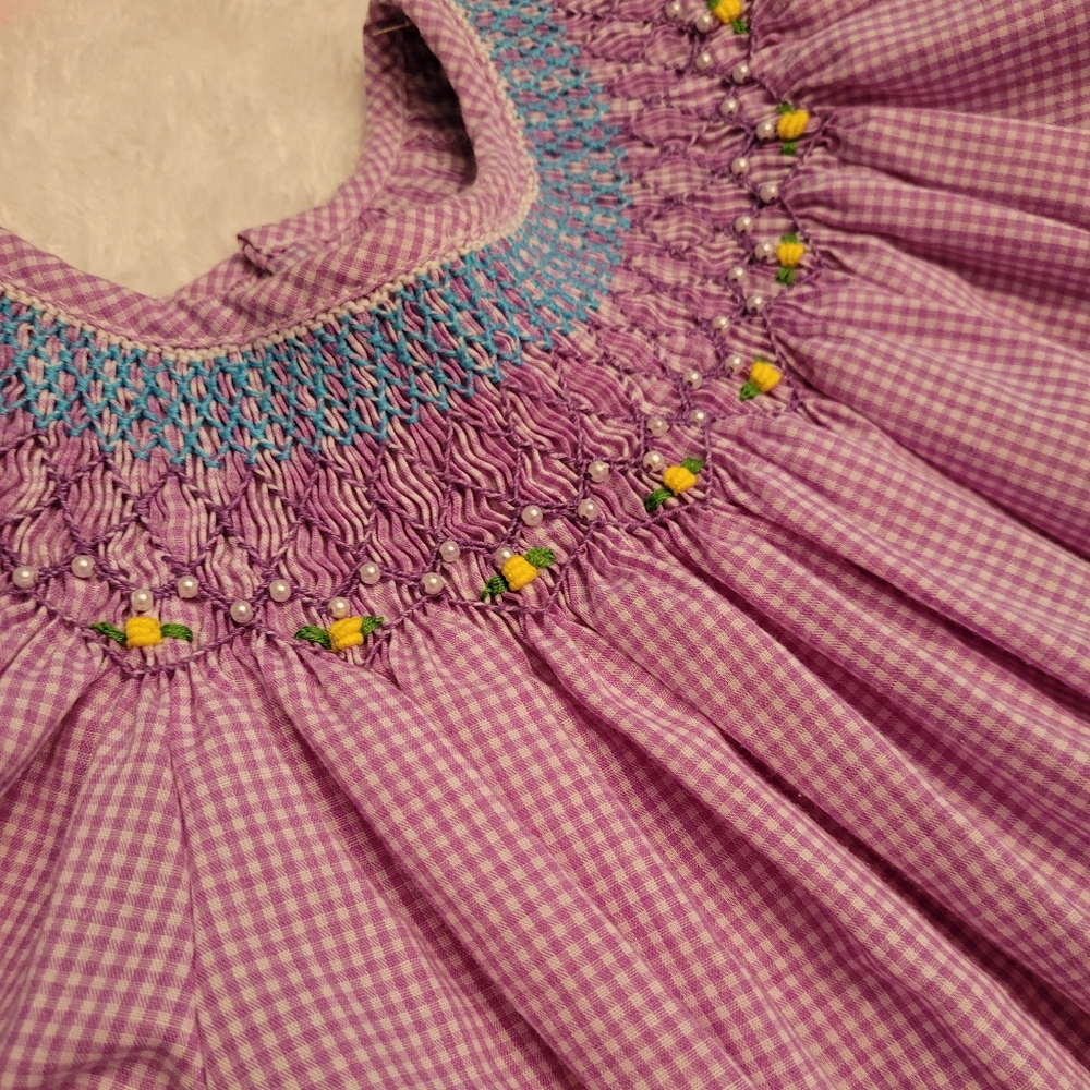 Beautiful purple gingham smocked dress with pearls